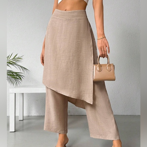 None Pants - Cream Wide Leg Pants with Asymmetrical Overlay